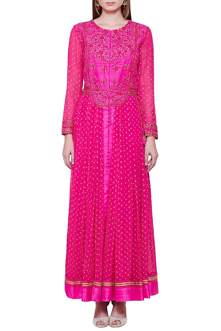Emerald pink embroidered anarkali set available only at Pernia's Pop Up Shop.