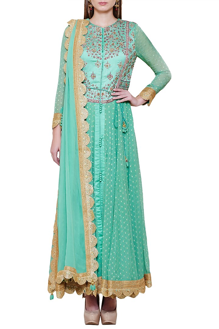 Sea green embroidered anarkali set available only at Pernia's Pop Up Shop.