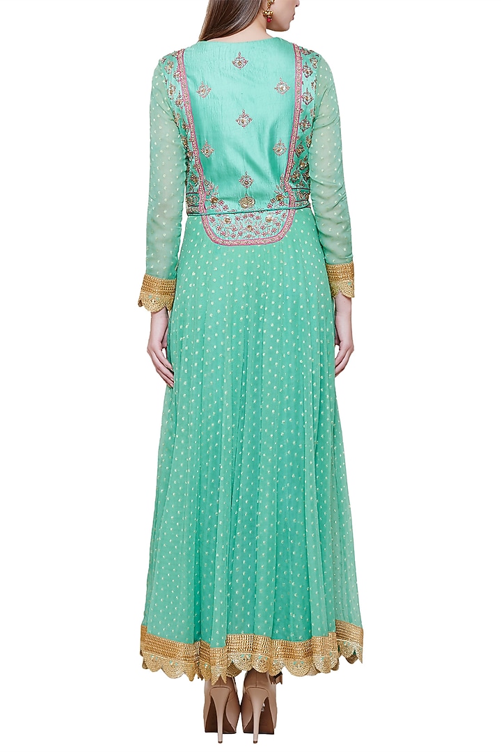 Sea green embroidered anarkali set available only at Pernia's Pop Up Shop.