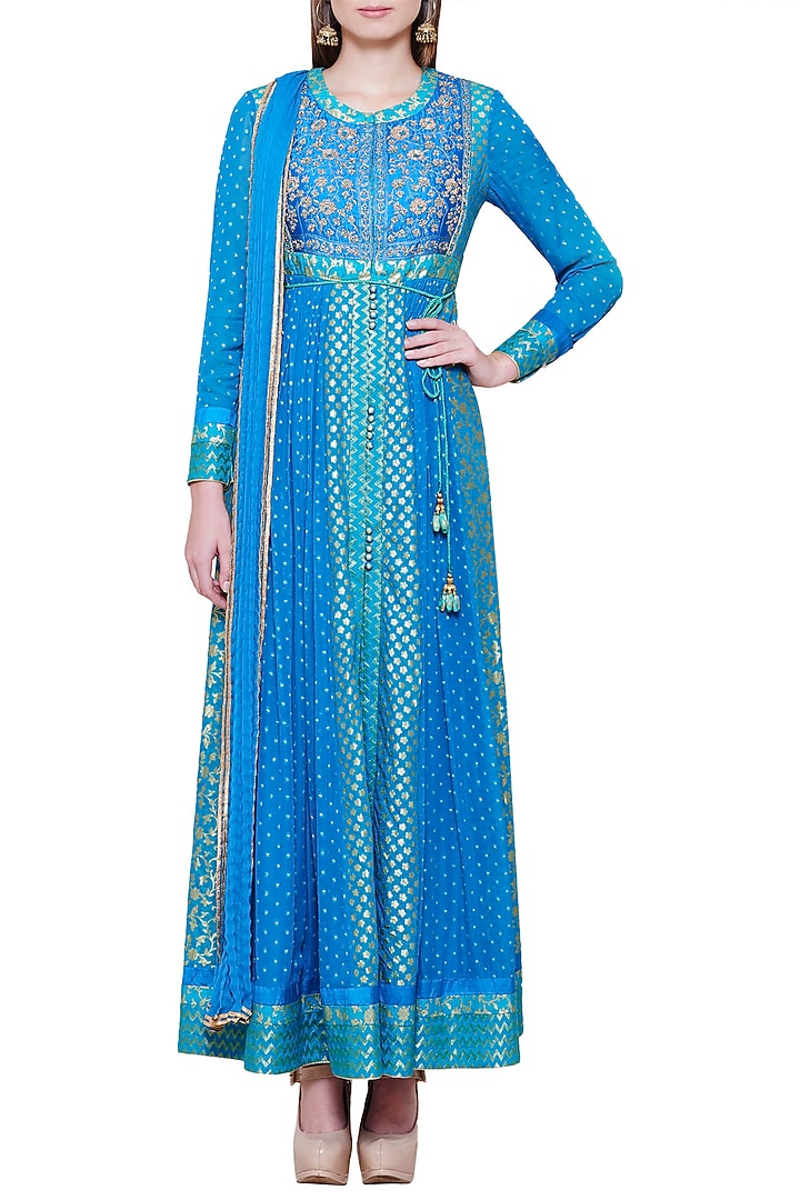 Emerald blue embroidered anarkali set available only at Pernia's Pop Up Shop.