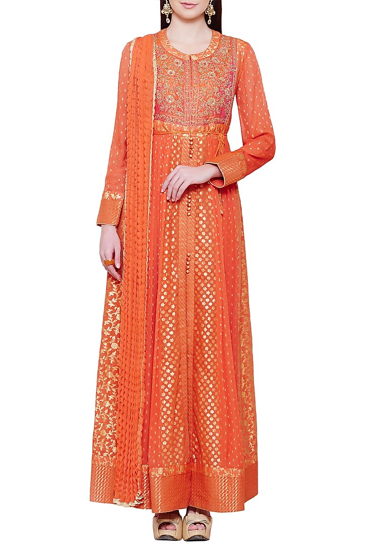 Burnt orange embroidered anarkali set available only at Pernia's Pop Up Shop.