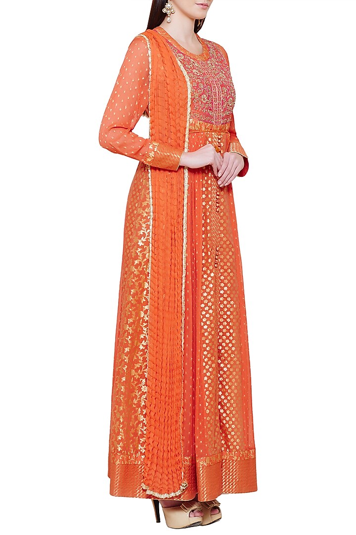 Burnt orange embroidered anarkali set available only at Pernia's Pop Up Shop.