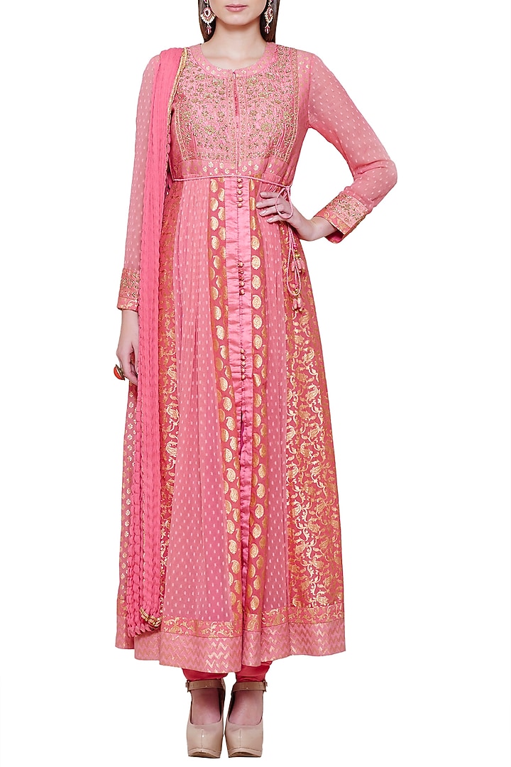 Coral pink embroidered anarkali set available only at Pernia's Pop Up Shop.