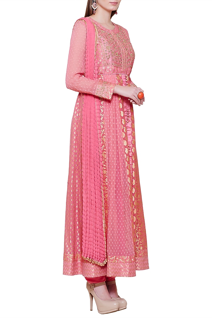 Coral pink embroidered anarkali set available only at Pernia's Pop Up Shop.