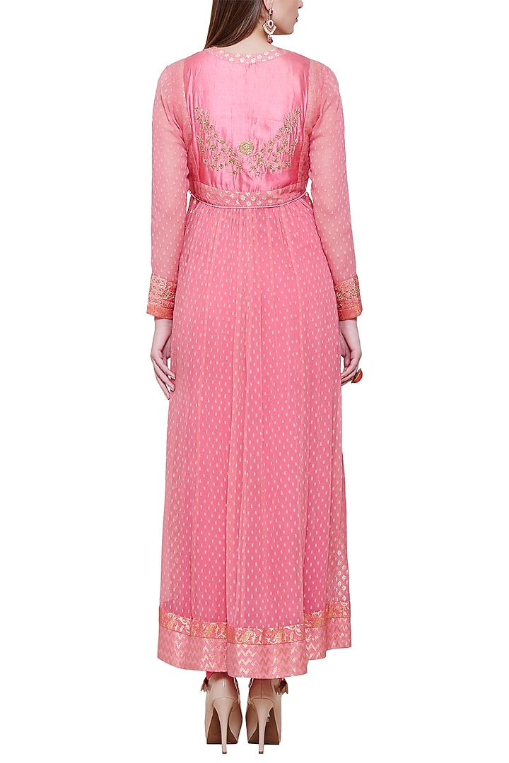Coral pink embroidered anarkali set available only at Pernia's Pop Up Shop.