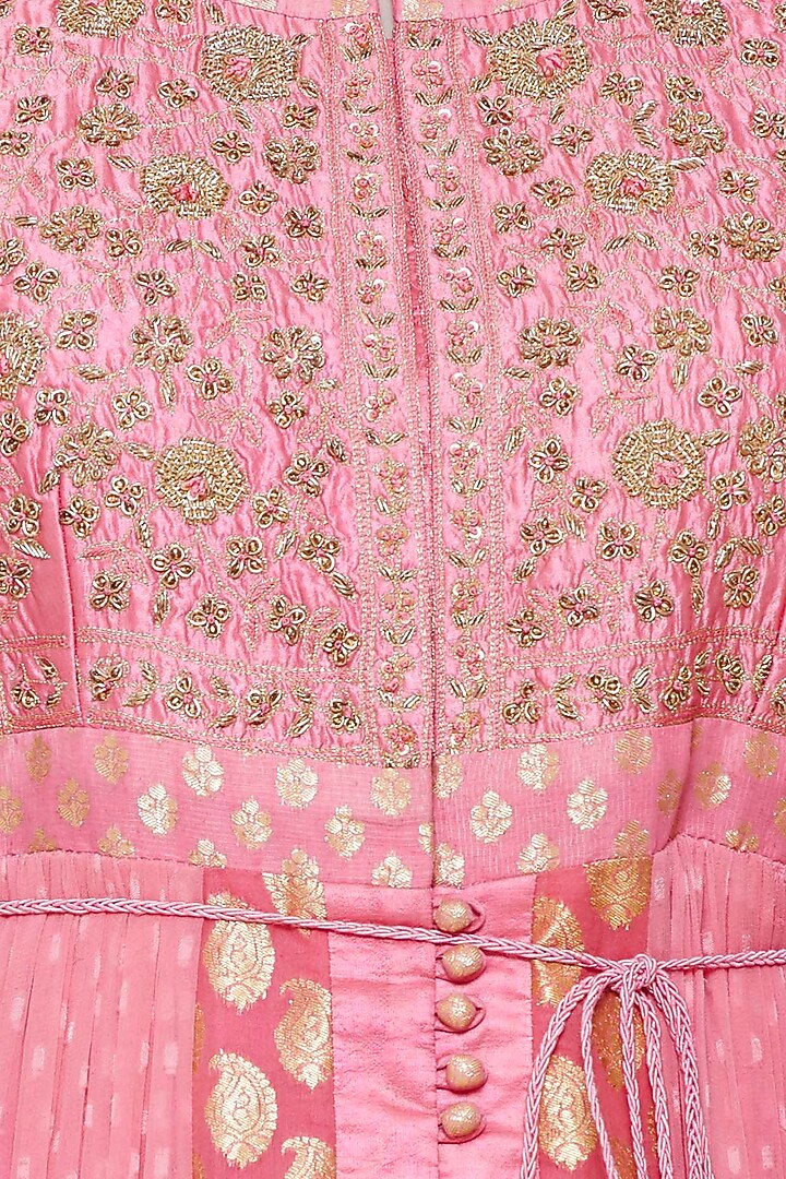 Coral pink embroidered anarkali set available only at Pernia's Pop Up Shop.