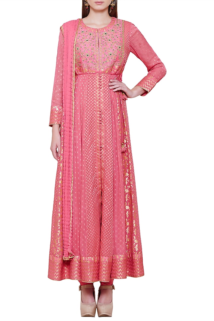 Dark coral pink embroidered anarkali set available only at Pernia's Pop Up Shop.