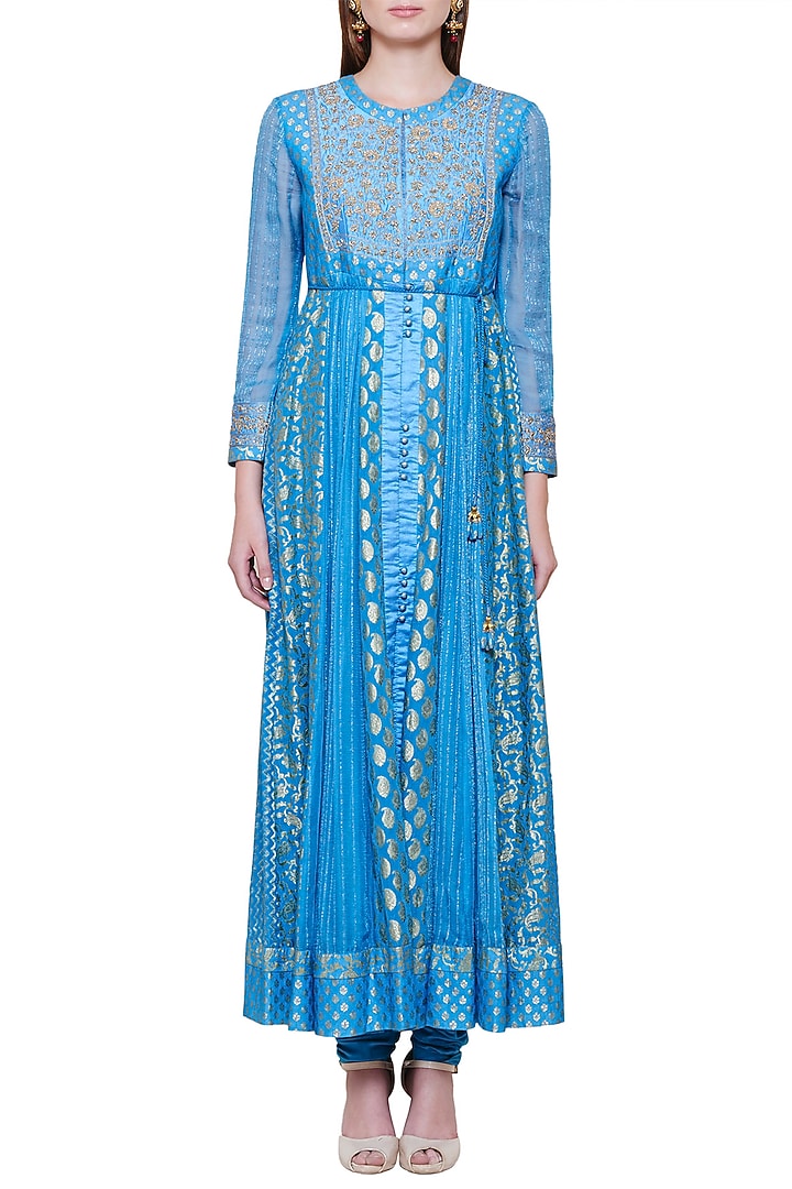 Smoke blue embroidered anarkali set available only at Pernia's Pop Up Shop.