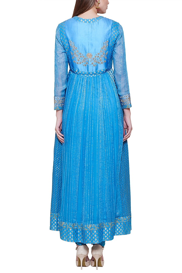 Smoke blue embroidered anarkali set available only at Pernia's Pop Up Shop.