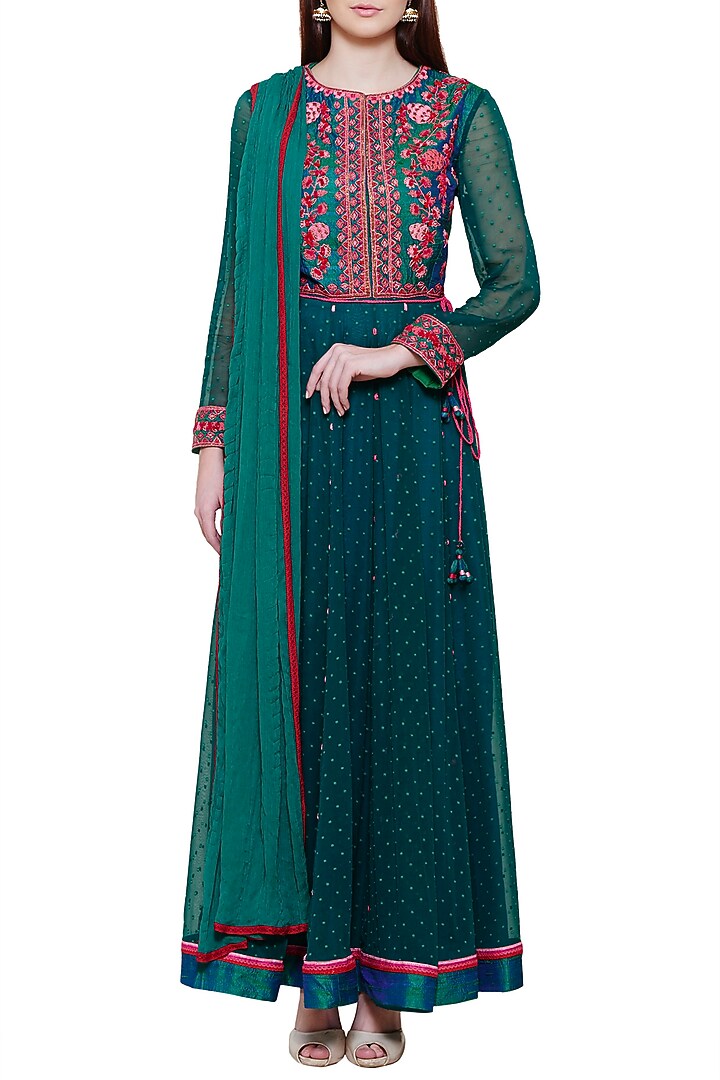 Teal pink embroidered anarkali set available only at Pernia's Pop Up Shop.