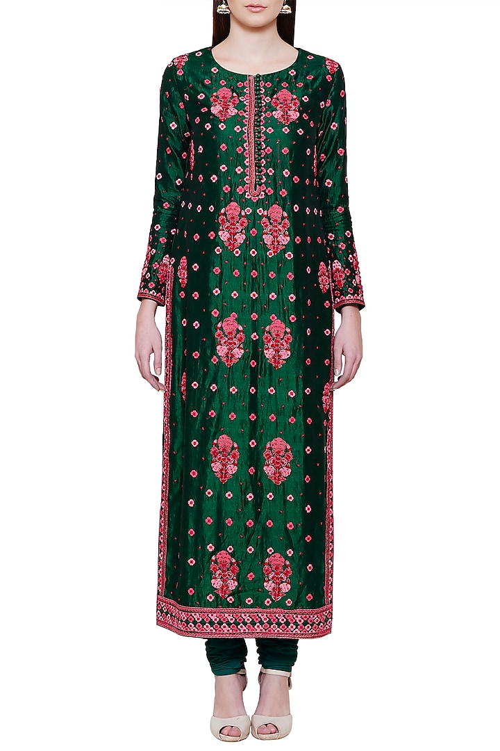 Emerald Green and Pink Embroidered Kurta Set by Shyam Narayan Prasad