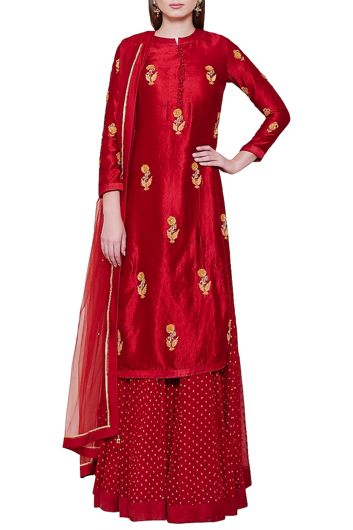 Maroon embroidered lehenga set available only at Pernia's Pop Up Shop.