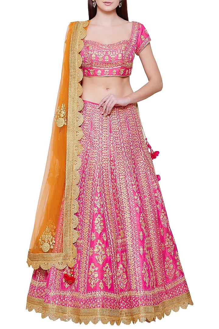 Emerald pink embroidered lehenga set available only at Pernia's Pop Up Shop.