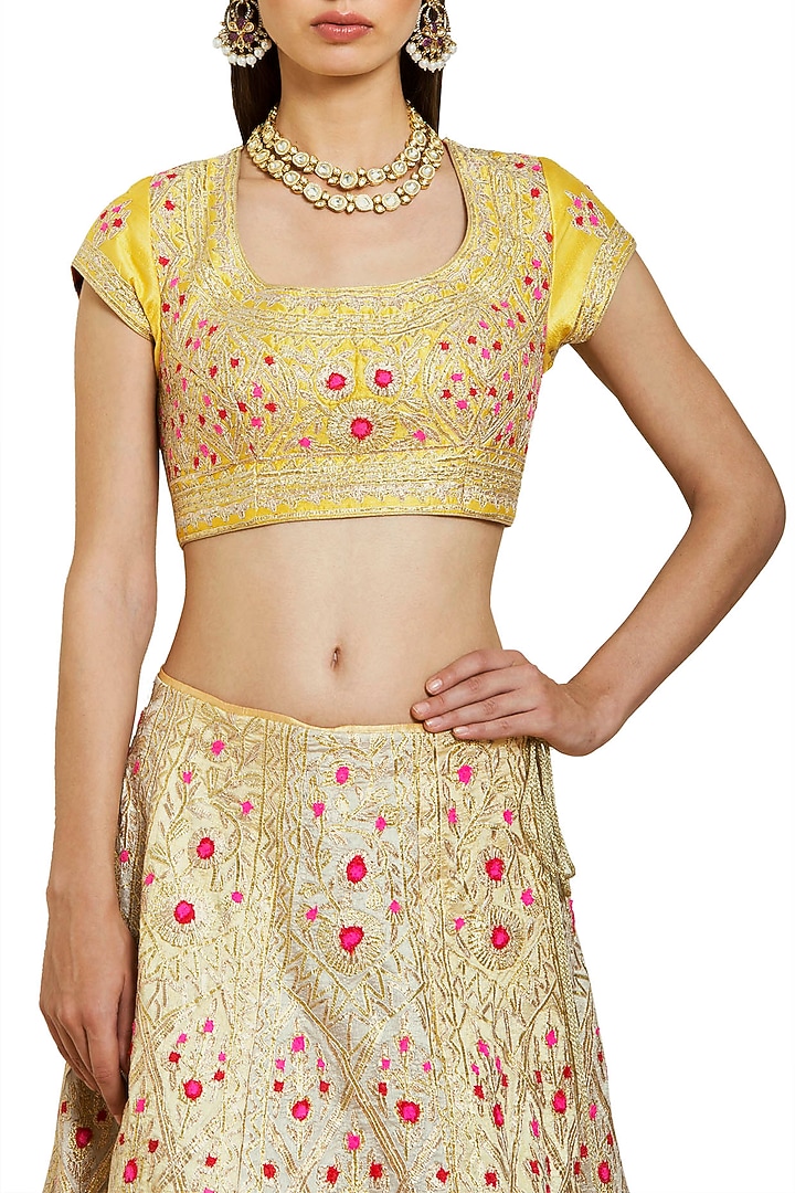 Sorbet yellow and ivory embroidered lehenga set available only at Pernia's Pop Up Shop.