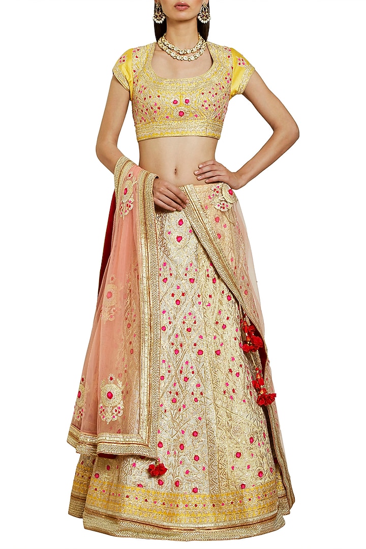 Sorbet yellow and ivory embroidered lehenga set available only at Pernia's Pop Up Shop.