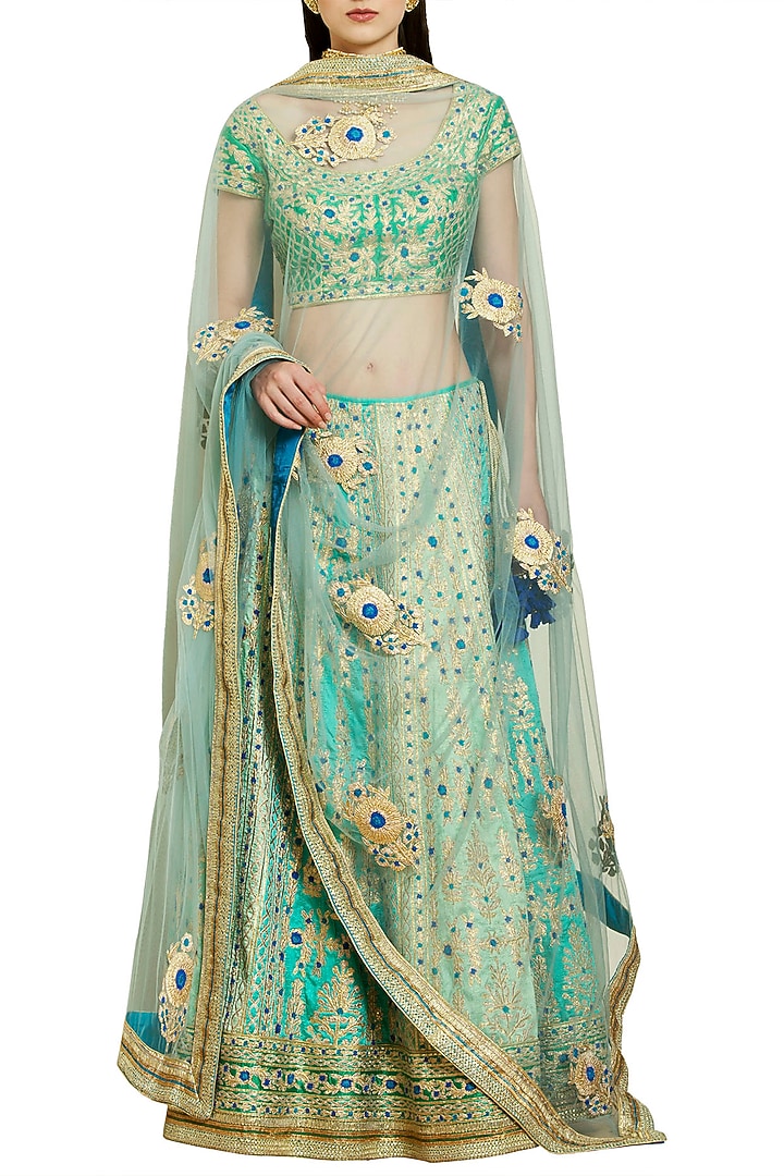 Blue and green embroidered lehenga set available only at Pernia's Pop Up Shop.