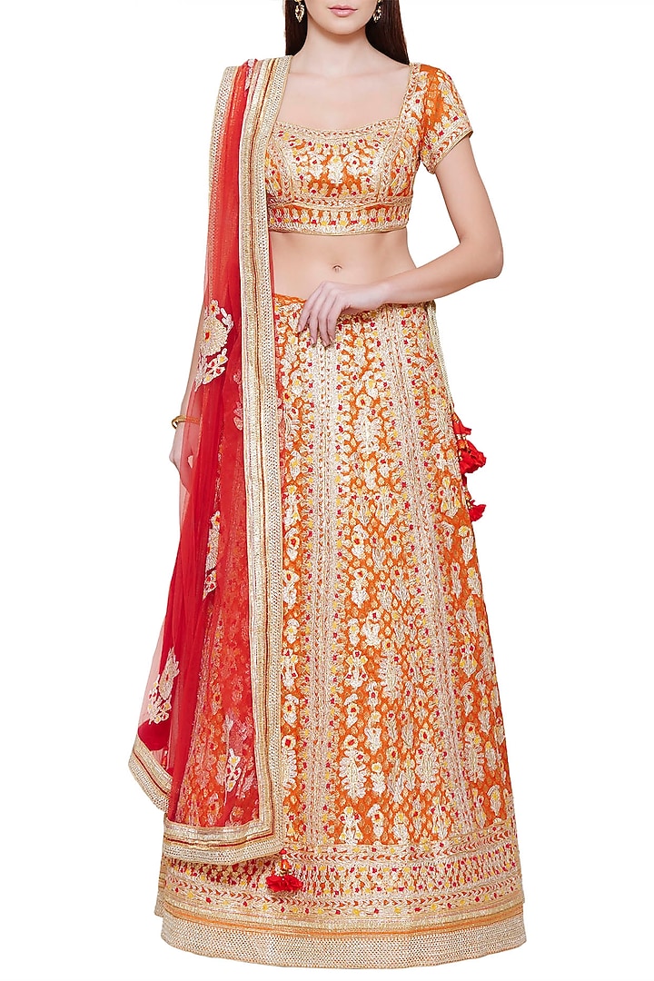 Orange embroidered lehenga set available only at Pernia's Pop Up Shop.