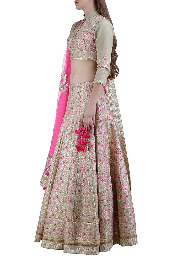 Sage green embroidered lehenga set available only at Pernia's Pop Up Shop.