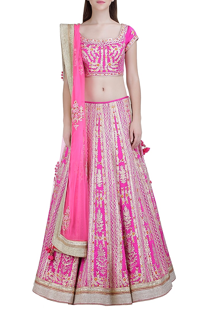 Pink embroidered silk lehenga set available only at Pernia's Pop Up Shop.