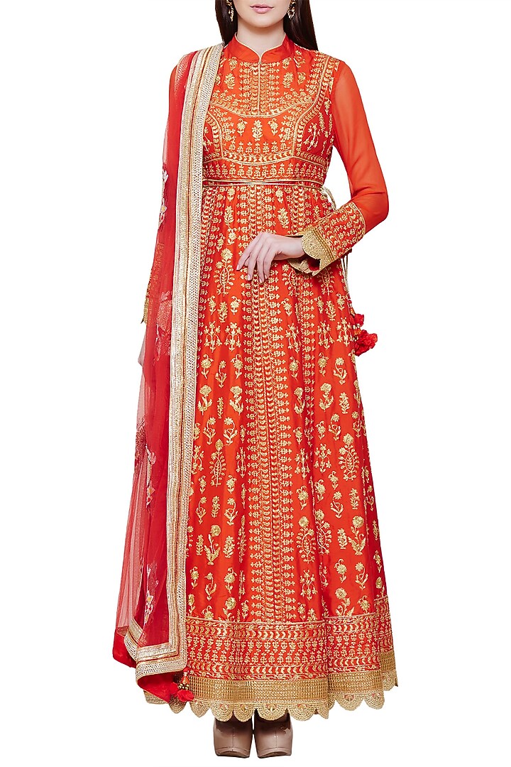 Emerald red embroidered anarkali set available only at Pernia's Pop Up Shop.