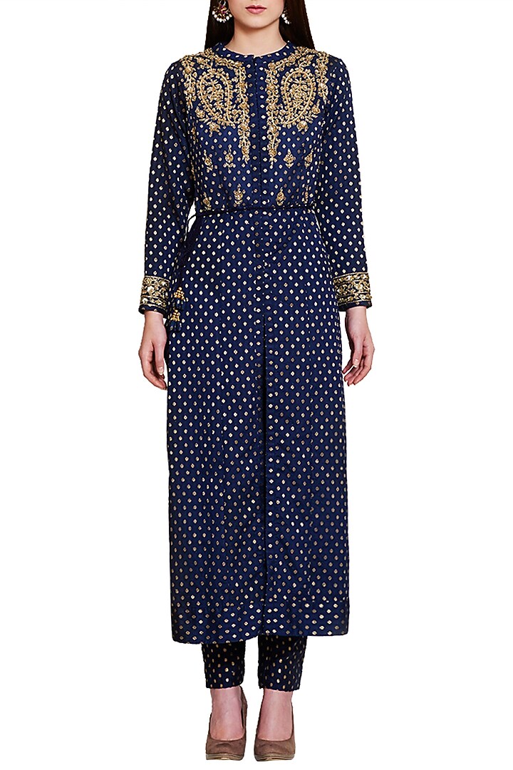 Navy blue embroidered anarkali set available only at Pernia's Pop Up Shop.