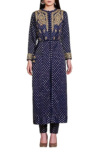 Navy Blue Embroidered Anarkali Set by Shyam Narayan Prasad