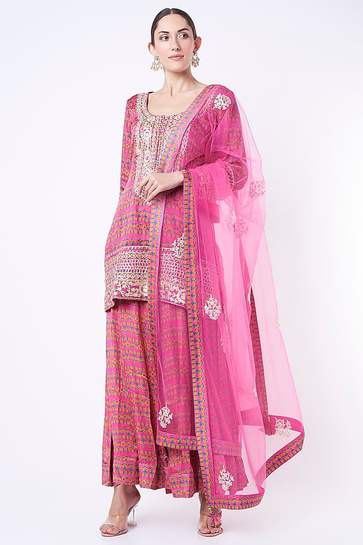 Medium Pink Printed Sharara Set by Shyam Narayan Prasad