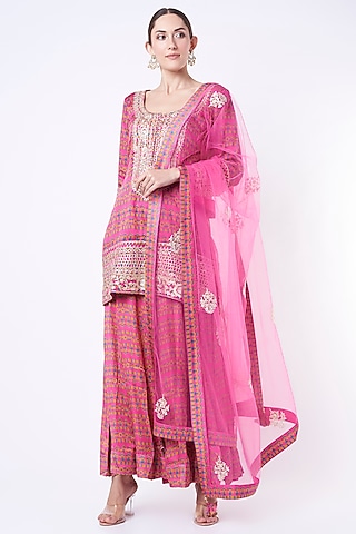 Medium Pink Printed Sharara Set by Shyam Narayan Prasad