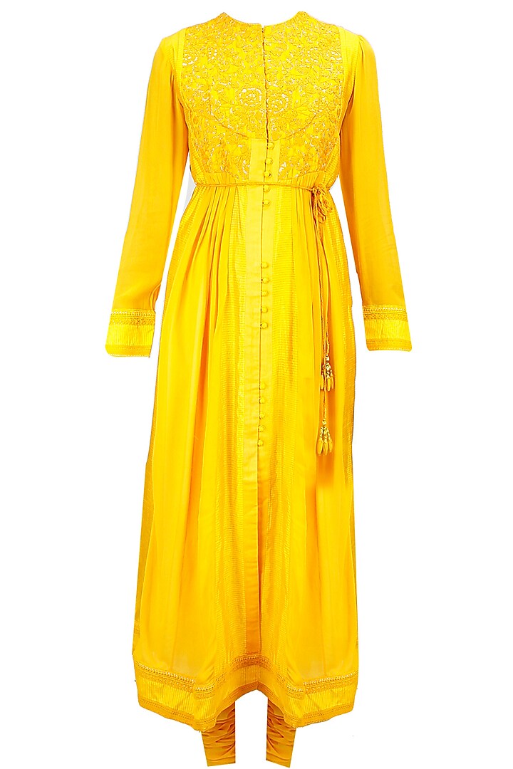 Yellow embroidered panelled kurta set available only at Pernia's Pop-Up Shop.