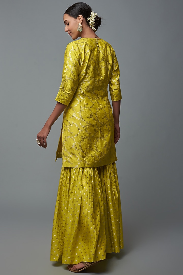 Lime Yellow Brocade Dotted Wedding Sharara Set by Sobariko at Pernia's Pop Up Shop