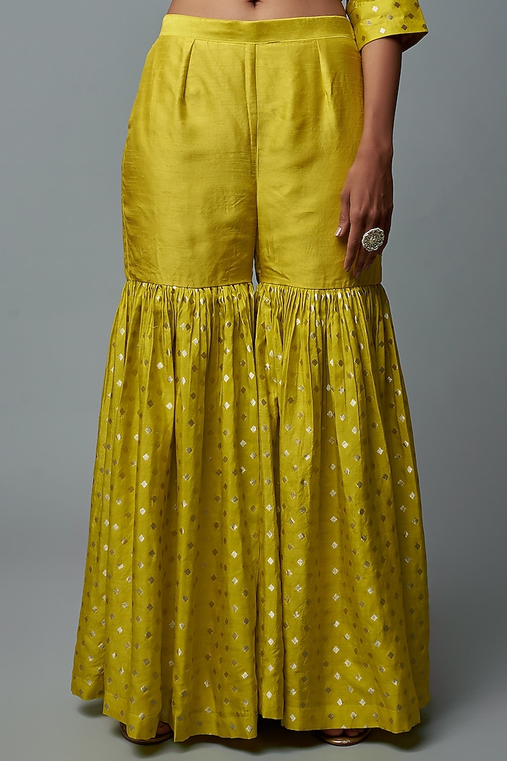 Lime Yellow Brocade Dotted Wedding Sharara Set by Sobariko at Pernia's Pop Up Shop
