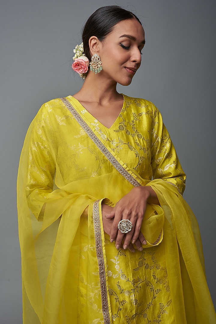 Lime Yellow Brocade Dotted Wedding Sharara Set by Sobariko at Pernia's Pop Up Shop