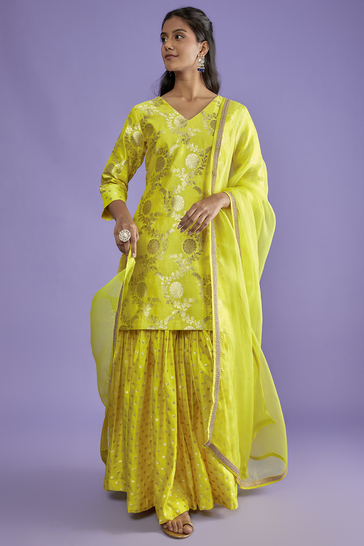 Yellow Dotted Silk Sharara Set by Sobariko