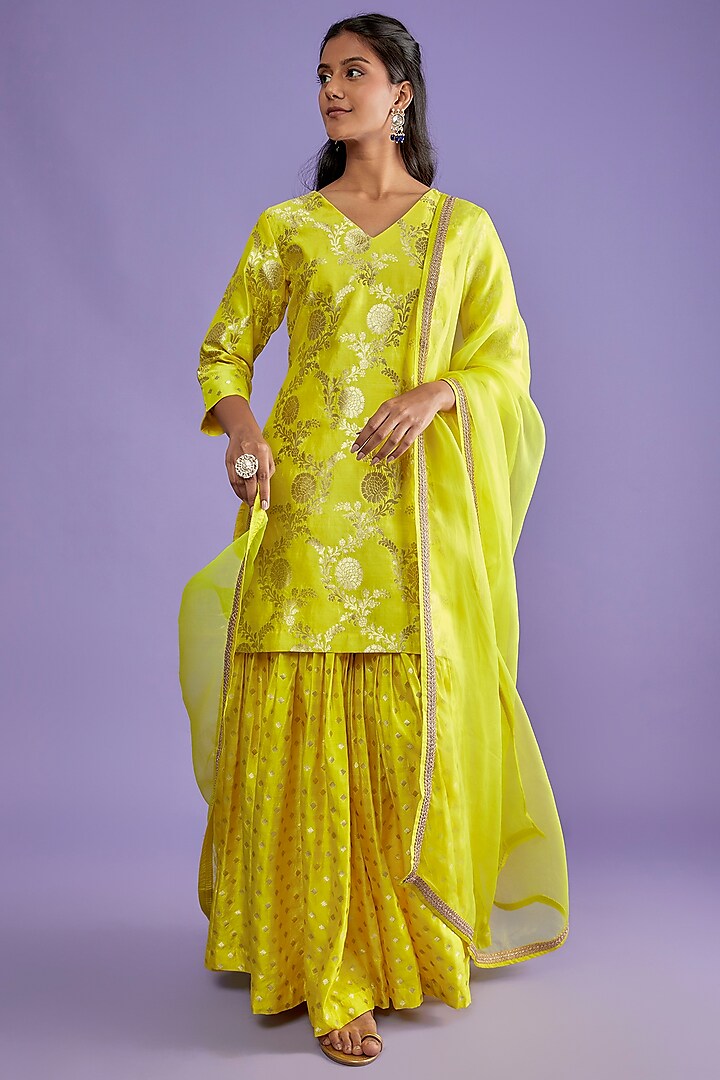 Yellow Dotted Silk Sharara Set by Sobariko