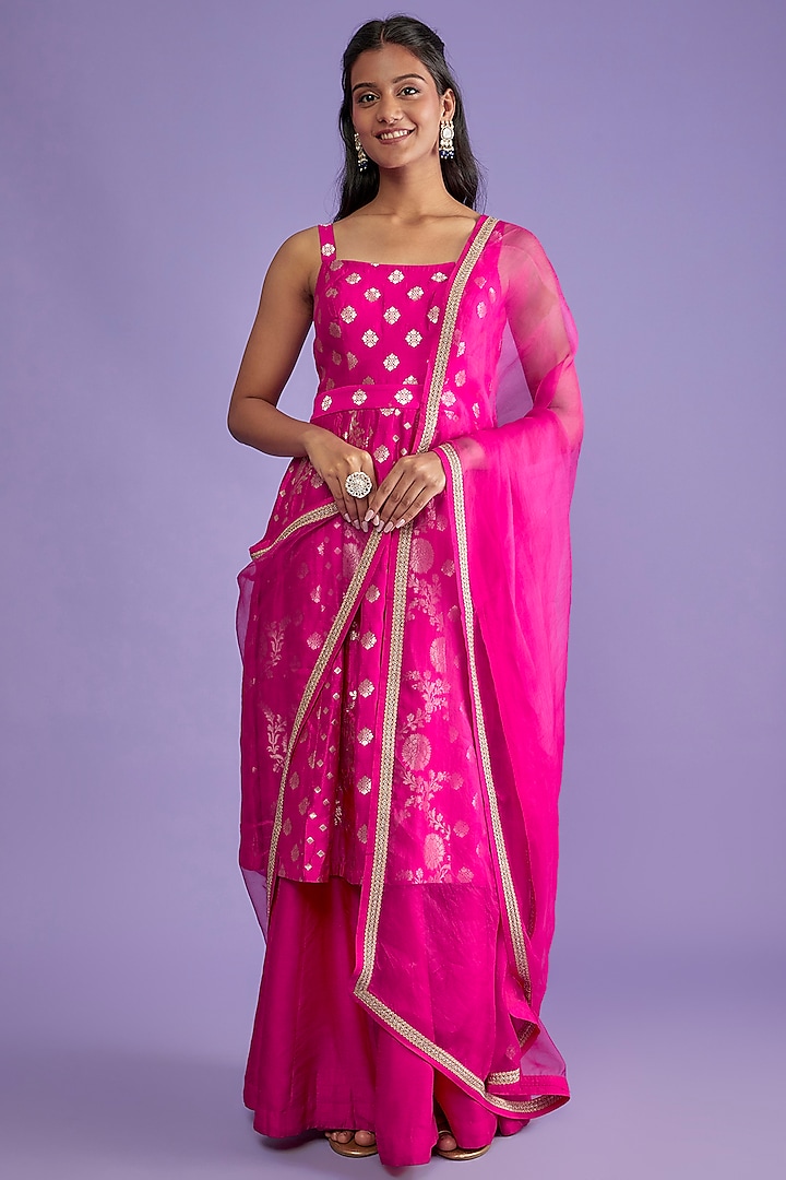 Pink Banarasi Silk Kalidar Kurta Set by Sobariko
