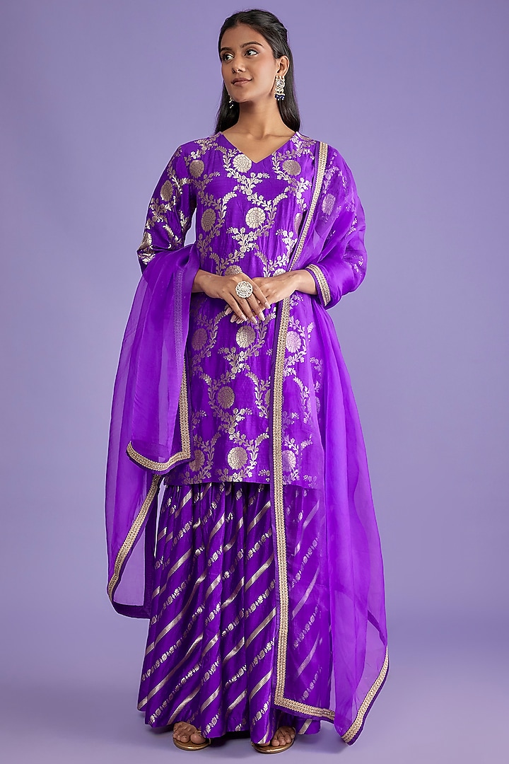 Purple Silk Sharara Set by Sobariko