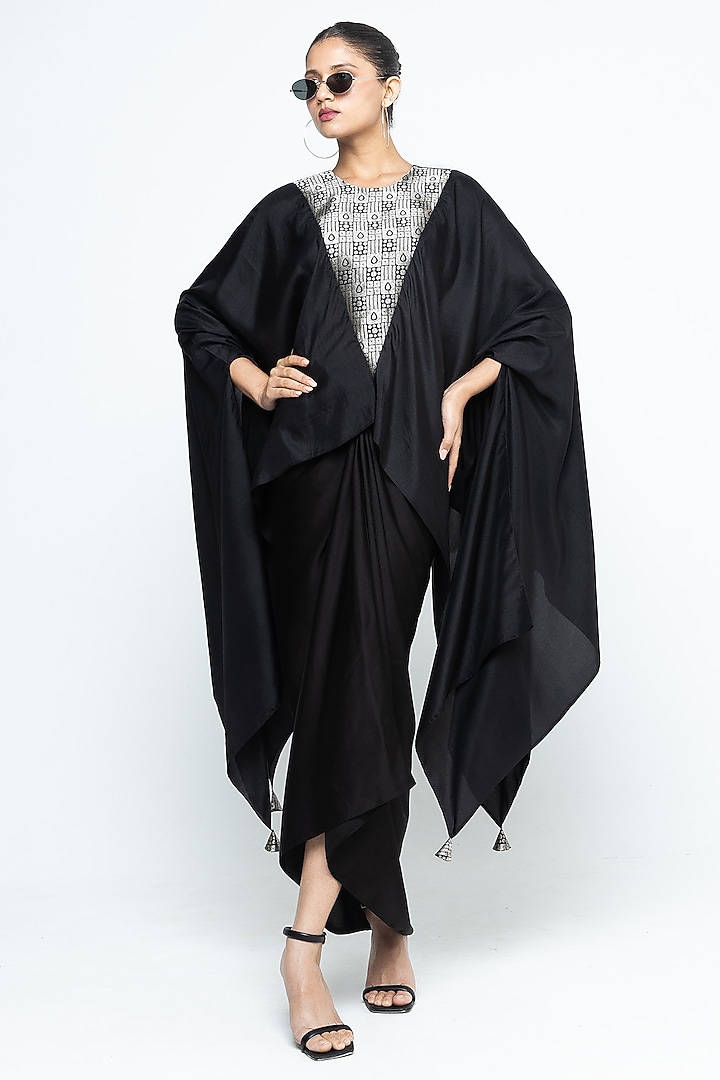 Black Pure Silk Brocade Asymmetric Cape Set by Sobariko at Pernia's Pop Up Shop