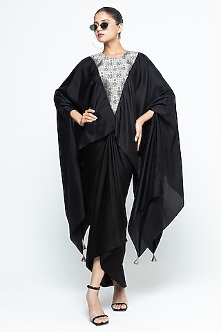 Black Pure Silk Brocade Asymmetric Cape Set by Sobariko