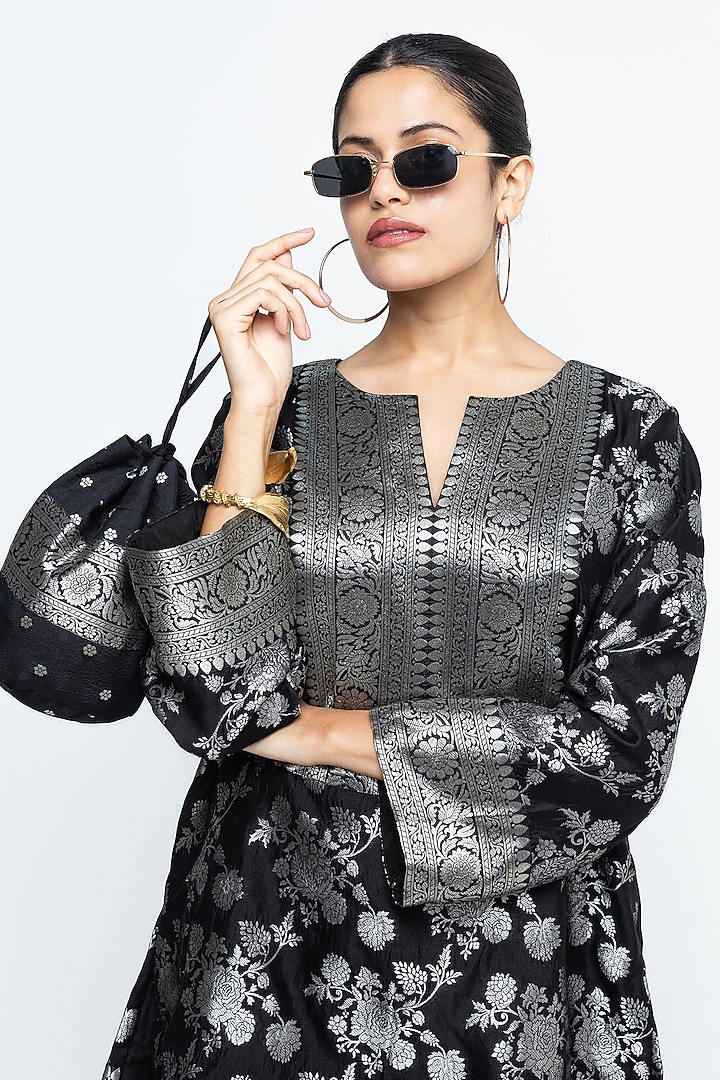 Black Jaal Silk Floral Brocade Kurta Set by Sobariko at Pernia's Pop Up Shop