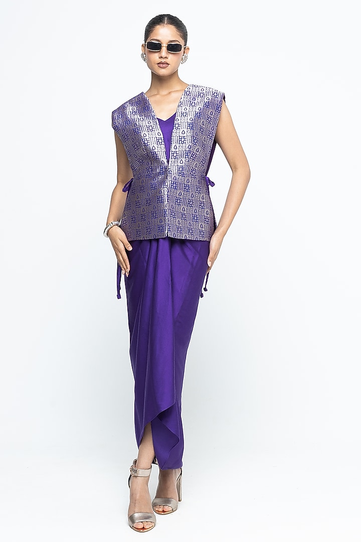 Purple Silk & Satin Vacation Dress With Brocade Gilet by Sobariko at Pernia's Pop Up Shop