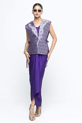 Purple Silk & Satin Dress With Brocade Gilet by Sobariko