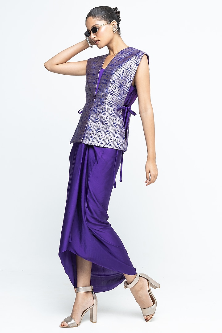 Purple Silk & Satin Vacation Dress With Brocade Gilet by Sobariko at Pernia's Pop Up Shop