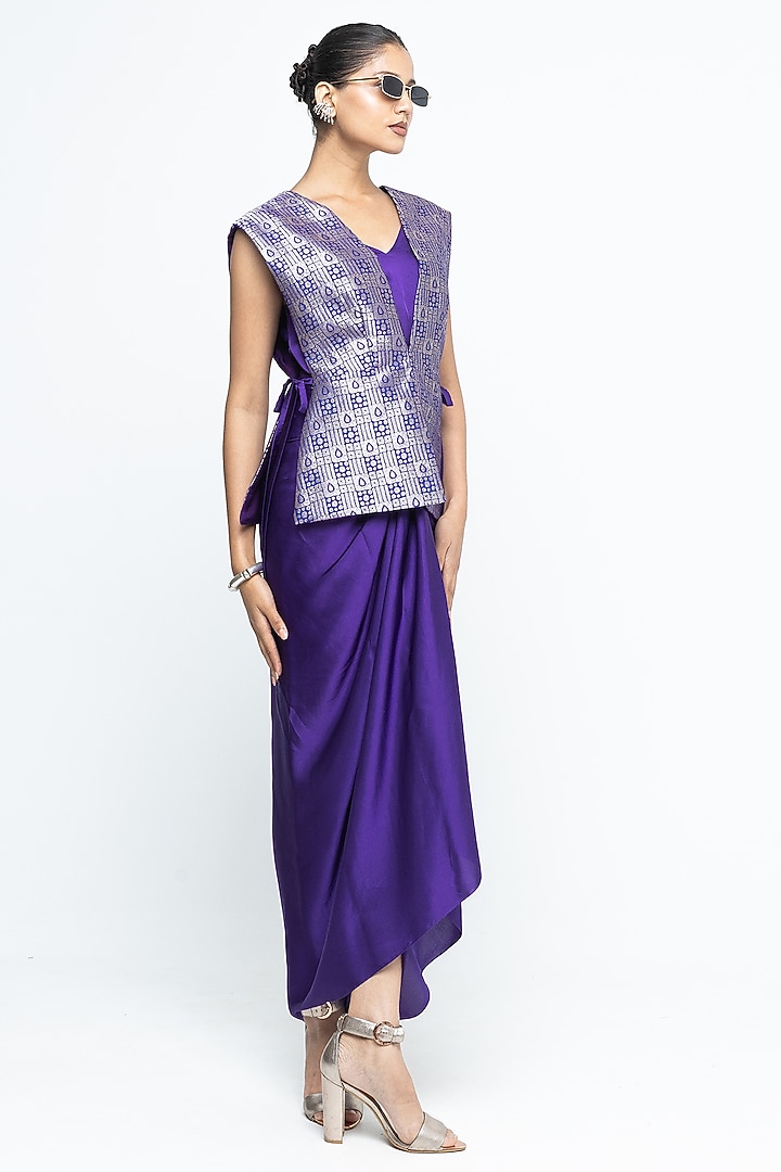 Purple Silk & Satin Vacation Dress With Brocade Gilet by Sobariko at Pernia's Pop Up Shop