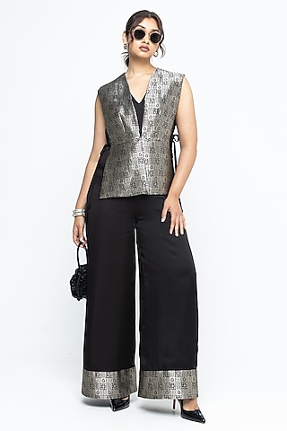 Black Silk & Satin Jumpsuit With Brocade Gilet by Sobariko
