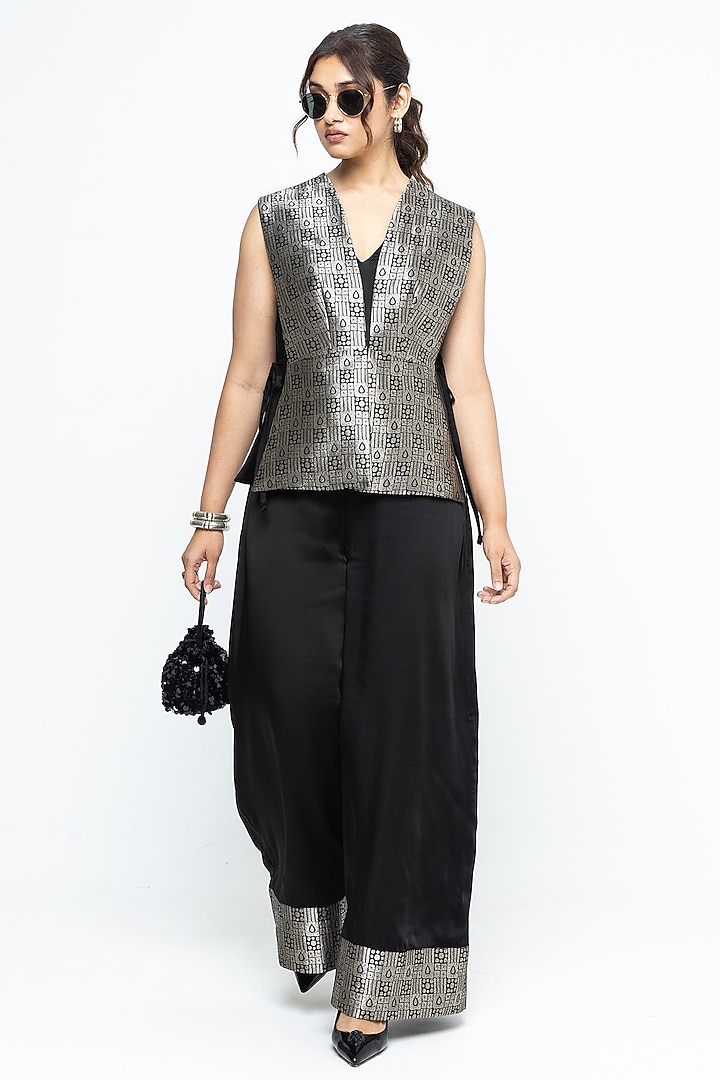 Black Silk & Satin Jumpsuit With Brocade Gilet by Sobariko at Pernia's Pop Up Shop