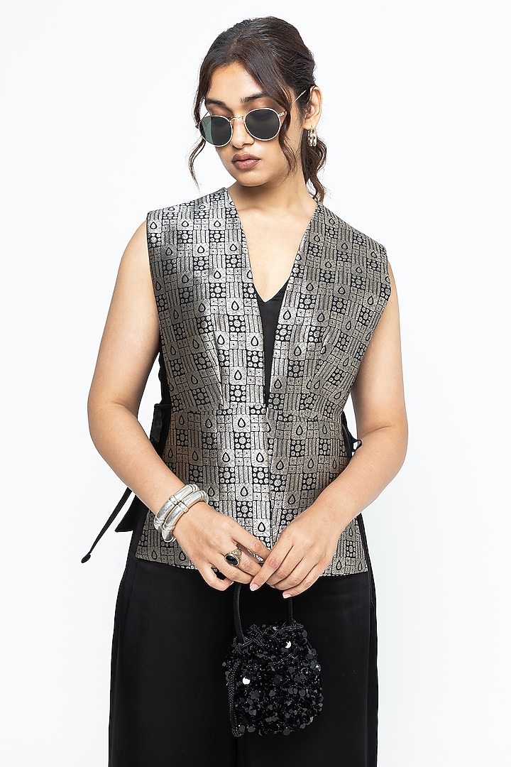 Black Silk & Satin Jumpsuit With Brocade Gilet by Sobariko at Pernia's Pop Up Shop