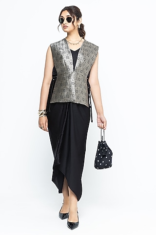 Black Silk & Satin Dress With Brocade Gilet by Sobariko