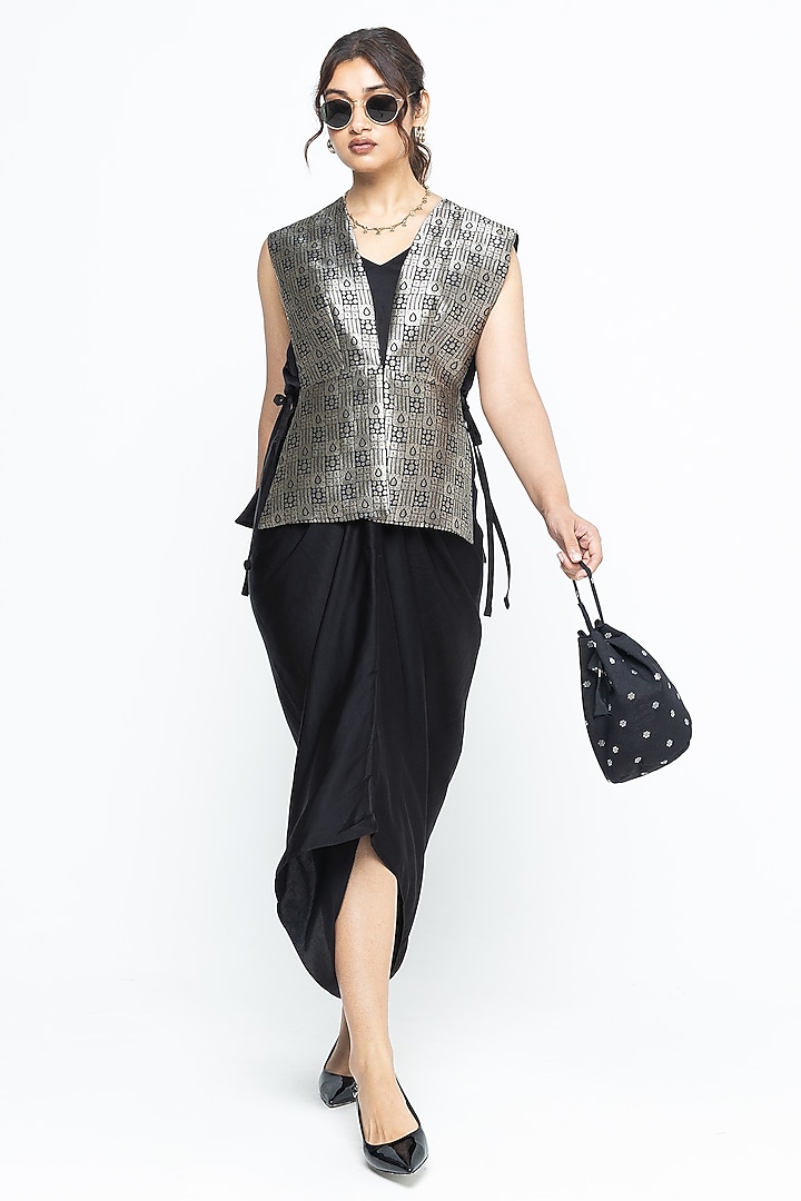 Black Silk & Satin Vacation Dress With Brocade Gilet by Sobariko at Pernia's Pop Up Shop