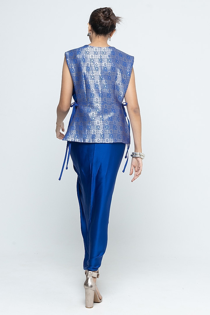 Blue Silk & Satin Vacation Dress With Brocade Gilet by Sobariko at Pernia's Pop Up Shop