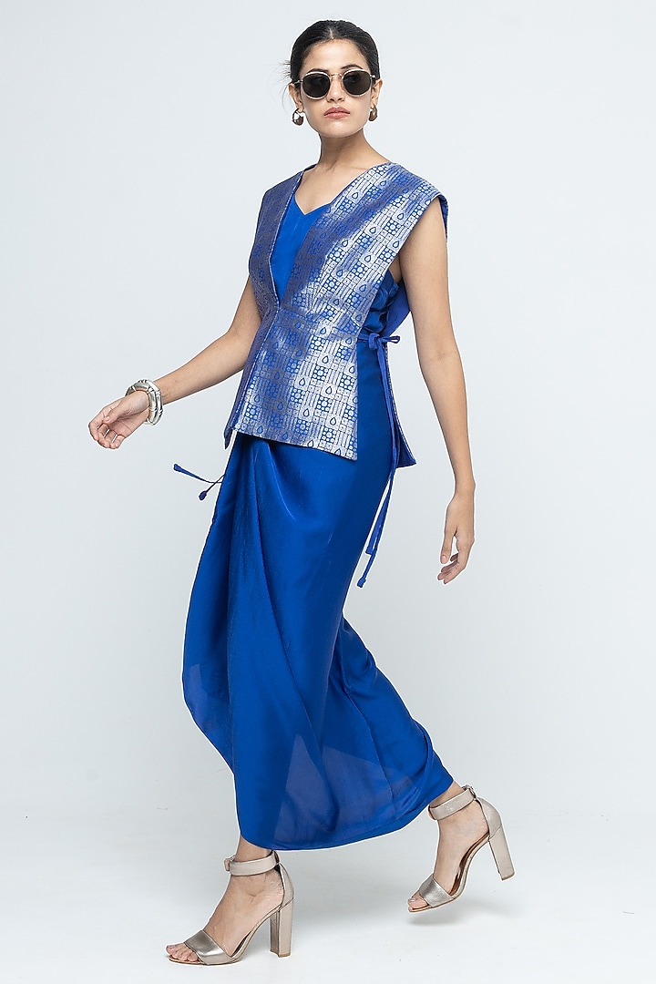 Blue Silk & Satin Vacation Dress With Brocade Gilet by Sobariko at Pernia's Pop Up Shop